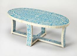 Nena sled coffee table with storage. Handmade Oval Floral Design Bone Inlay Coffee Table In Blue Elephanta Exports