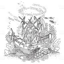 Ancient Sunken Ship And Coral Reef Drawn In Line Art Style Ocean Coral Reef Drawing Pirate Ship Art Sunken Ship Tattoo