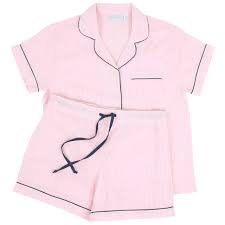 Pink Seersucker-Navy ~ Cotton Short Sleeve Shorty Pajamas