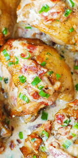 Skillet Chicken With Bacon Cream Sauce Pan Fried Chicken Thighs Boneless Chicken Thigh Recipes Recipes