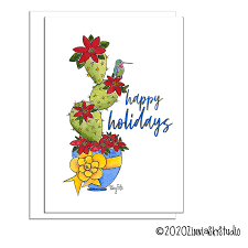 Hummingbird Cactus Flowers Happy Holidays Card Zinnia Sky Studio Season's greetings cards 2021 (91). hummingbird cactus flowers happy holidays card