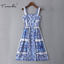 Truevoker Designer Dress Women S High Quality Retro Blue White Porcelain Printed Button Spaghetti Stra Porcelain Print Dress Womens Dresses Slimming Midi Dress