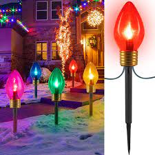 Christmas Sidewalk Lights Jumbo C9 Christmas Lights Outdoor Decorations Lawn With Pathway Marker Stakes 8 5 Feet C7 Lights Covered Jumbo Multicolored Light Bulb For Holiday Outside Yard Garden Decor 5 Lights Amazon Com