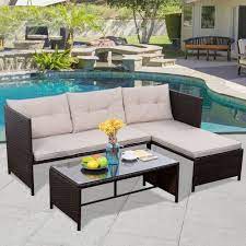 3 Pcs Outdoor Rattan Furniture Sofa Set Lounge Chaise Cushioned Patio Garden New Unbra Outdoor Sectional Furniture Furniture Sofa Set Rattan Outdoor Furniture