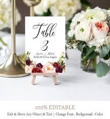 Burgundy Flowers Table Numbers Template Bohemian Table Etsy Flower Table Numbers Wedding Table Placement Wedding Table Numbers