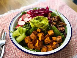 Each serving provides 499 kcal, 46g protein, 53g carbohydrates (of which 7.5g sugars), 10g fat (of which 3.5g saturates), 6g fibre and 1.3g salt. Delicious Tofu Buddha Bowl With Thai Peanut Sauce Vegan Lunch Ideas