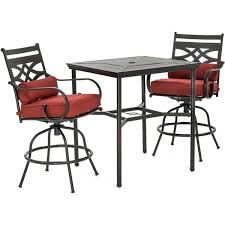 Bamboo tiki bar, outdoor patio table with discounts available! Hanover Montclair 3 Piece Metal Outdoor Bar Height Dining Set With Chili Red Cushions Swivel Rockers And Table Mclrdn3pcbrsw2 Chl The Home Depot