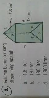 Perhatikan gambar bangun ruang berikut. Volume Bangun Ruang Disamping Adalah A 1 8 Literb 18 Literc 180 Literd 1 800 Liter Brainly Co Id