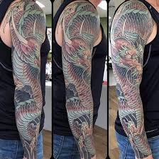 Black and grey lion head with roses tattoo on full sleeve. 100 Dragon Sleeve Tattoo Designs For Men Fire Breathing Ink Ideas