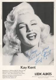 Kay Kent (marilyn Monroe Impersonator) Signed 8x6 Inch Black And White Bio  Card. Signed In Blue Ink,