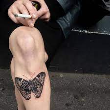 Blackwork Style Butterfly On The Right Shin Below The Knee Tattoo Artist Kane Trubenbacher Tattoos Knee Tattoo Shin Tattoo
