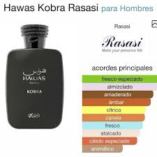 Hawas Kobra de Rasasi es una fragancia de la familia olfativa Oriental  Amaderada para Hombres. Esta fragrancia es nueva. Hawas Kobra se lanz&oacute; en  2025. Las Notas de Salida son jengibre, bergamota