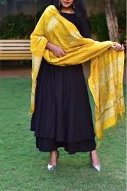 Black And Yellow Suits For Ladies Black Suit Set Yellow Dupatta Black Suits Black Suit Dress Kurta Designs Women