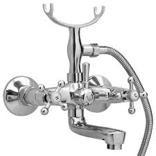 Antique brass bathtub faucet with ceramic handheld shower sprayer and double lever handles with ceramic cold and hot sign. 2 Handle Bathtub Faucet Hand Shower Diverter Chrome Retro