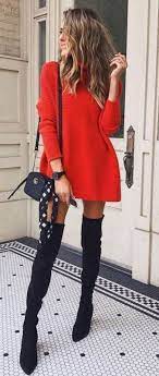 Best Outfit For Thanksgiving Day Red Sweater Dress Bag Black Over Knee Boots Winter Dress Outfits Cute Casual Outfits Outfits Invierno