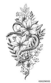 The tattoo represents the corruption of innocence and purity at the hands of something truly evil. Hand Drawn Monochrome Snake Among Flowers Buy This Stock Illustration And Explore Similar Illu Snake Tattoo Design Flower Tattoo Hand Snake And Flowers Tattoo