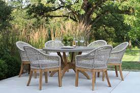 Rope Teak Dining Chairs With Sunrella Cushion 2 Pack With Grey Composite Teak Dining T Outdoor Dining Chairs Round Outdoor Dining Table Patio Dining Table