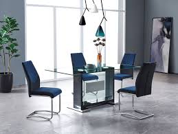 Molded tempered glass and metal combine to create a contemporary d2160 dining table by global furniture fit for the most modern or minimalist spaces. D1182 Dining Room Set W Black And Blue Chairs By Global Furniture Furniturepick