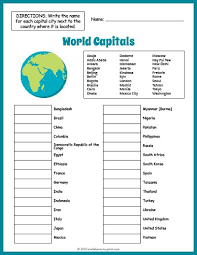 Fun Printable Worksheet For Geography Students Features 30 World Capitals To Sort And Identif Geography Worksheets Social Studies Worksheets Geography For Kids