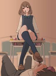 enpitsunokaori, original, highres, 1boy, 1girl, blurry, blurry background,  blush, bow, bowtie, box, brown hair, candy, chocolate, desk, faceless,  femdom, food, gift, gift box, grin, kneehighs, licking, licking shoes,  loafers, lying, on back,