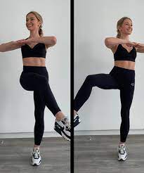 To bring your legs into play, thus engaging your lower abs, place your fingertips to your temples and bring the opposite knee up towards the chest as you twist to each side. Circuit 2 Internal External Oblique Twist A Standing Ab Workout You Can Do While Watching Tv Page 7