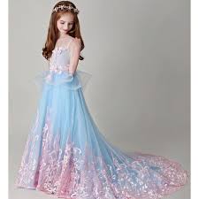 Children S Light Blue Host Piano Show Catwalk Performance Dress Girls Wedding Dresses Trailing Flower Girl Dresses