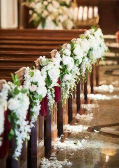 Discover 12 Wedding Pew Markers and elegant church pew decor ideas | church pew decoration with baby's breath, floral church aisle decoration, elegant church wedding aisle decor and more