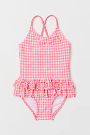 Badpak Met Volants Neonroze Wit Geruit Kinderen H M Nl Toddler Swimsuit Girl Swimsuits Kid Swim Suits