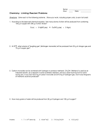 If you have 7.00 moles of hexane and 67.0 moles of oxygen and a combustion. Limiting Reactant Problems Worksheet For 10th Higher Ed Lesson Planet