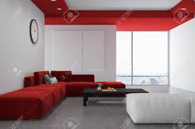 Select minimalist, red sectional sofa with white throw pillows as seen here. White And Red Living Room Interior With A Concrete Floor A Red Stock Photo Picture And Royalty Free Image Image 95655233