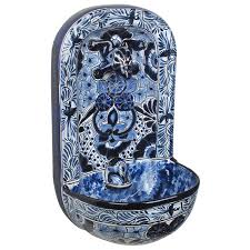 Stone fountain,water features stone garden fountain,wall mounted fountain,bird bath. Blue White Talavera Wall Fountain With Frog