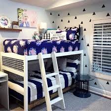 They built a narrow bed using part of a dresser as the base, and a second bed is lowered down from the ceiling above. W H I S T L E Part 2 Shared Girls Bedroom Girls Shared Room Boy And Girl Shared Bedroom
