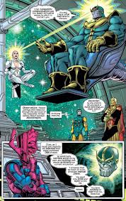 Thanos needed help and an entire alien armada to beat omega a defective thanos clone based on galactus(this was stupid as it implies galactus has dna). Panels Of Interest Galactus Vs Thanos From Thanos 2003 3