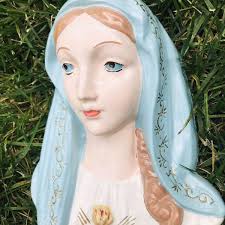 Vintage Chalkware Virgin Mary Blue Eyes Sacred Heart Wall Hanging Plaque