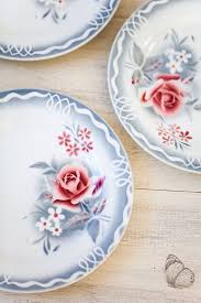 1940s Porcelaine Plates Set Of 7 Digoin Sarreguemines Duck Egg Blue And Pink Roses Country Chic Table Plates Plate Sets French Shabby Chic