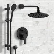 Matte Black Shower Set With 8 Inch Rain Shower Head And Multi Function Hand Shower In 2021 Black Shower Shower Faucets Shower Faucet Sets