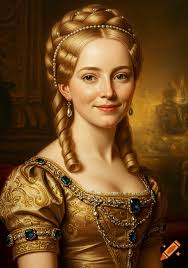 Old medieval portrait of German princess Lydia Fuller with long light brown 