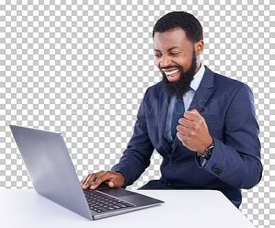 Winner black man on laptop isolated on a white background stock market, trading success or business bonus and fist pump. Yes, winning and person celebrate sales, profit or goals on computer in