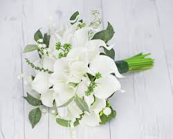 4.5 out of 5 stars. Real Touch Off White Calla Lilies Garden Green Sprays Silk Wedding Bouquet