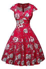 Craving For Some Skulls And Rockabilly Well We Ve Got Our Atomic Red Candy Skull Ruffled Swing Dress J Retro Dress Midi Dress Plus Size Retro Vintage Dresses