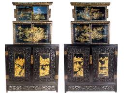 Chinese black lacquer bar cabinet sideboard birds and lilypads vintage buffett. Chinese Carved And Lacquered Cabinets