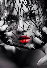 Black And White Red Lipstick Pin On Veil Over Face