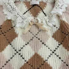 SOLD ♡ Fluffy lace knit argyle sweater ౨ৎ sourced from japan