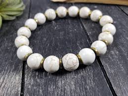 Unisex Off White And Gold Gemstone Stretch Bracelet Howlite Gold Hematite Stretch Bracelet Marb In 2020 Handmade Jewelry Gift Hematite Jewelry White Stone Bracelet