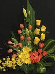 Modern Arrangement With Roses Tulips And Chrysanthemums Large Flower Arrangements Funeral Flower Arrangements Church Flower Arrangements