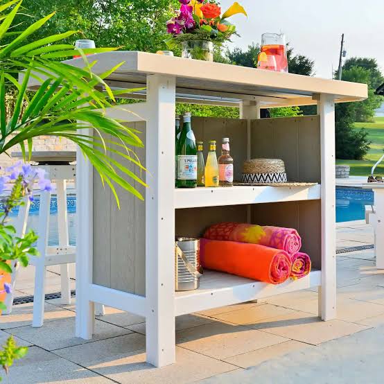 LuxCraft Poly Serving Bar Outdoor Entertainment Island (Rear Shelving View), AI generated