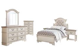 Nightstand and swivel chest available in misty green and dreamy pink finishes as well. Realyn Chipped White Twin Panel Bed W Dresser Mirror Sam S Furniture And Mattress