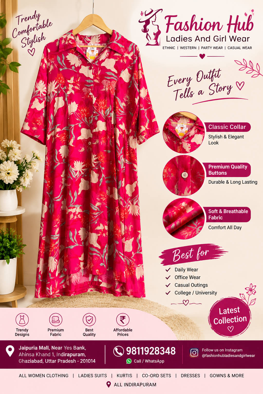 Premium Pink Floral Printed Shirt-Style Kurti product image