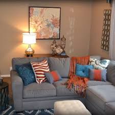 Gray Orange Blue Family Room Design Pictures Remodel Decor And Ideas Living Room Orange Blue And Orange Living Room Living Room Grey
