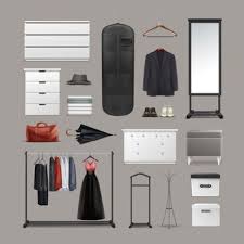 Racks and stands for clothes. Free Vector Vector Set Of Wardrobe Stuff Hangers Boxes Mirror Pouf Racks And Stands Different Clothes Bag Shoes And Umbrella Front View Isolated On Background